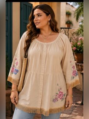 Quiz Woman Size 20 Embroidered Floral Fringe Tunic Top Boho Cottagecore Cotton